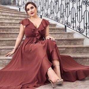 Plus Ruffle Trim Belted Ruffle Wrap Chiffon Dress